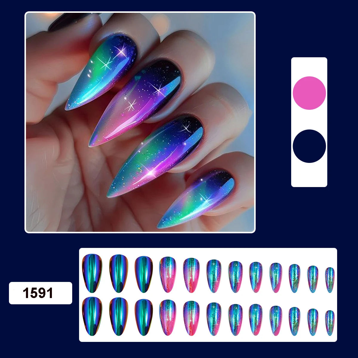 24pcs/set medium long fake nails square ballet nail tips glitters starry sky moon star feather design press on false nail art