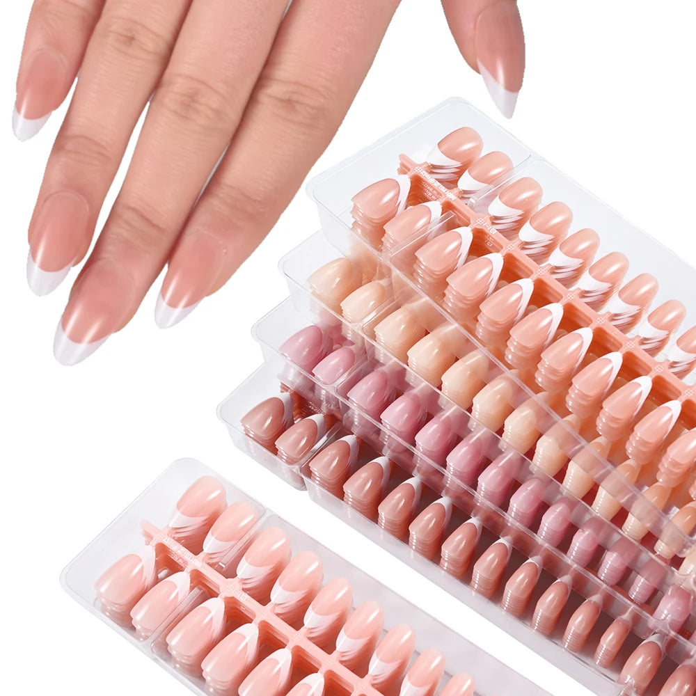 150/120/100pcs French Nude Pink False Nail Women Press on Nails White Edge Almond Full Cover Fake Nail For Manicure Extension