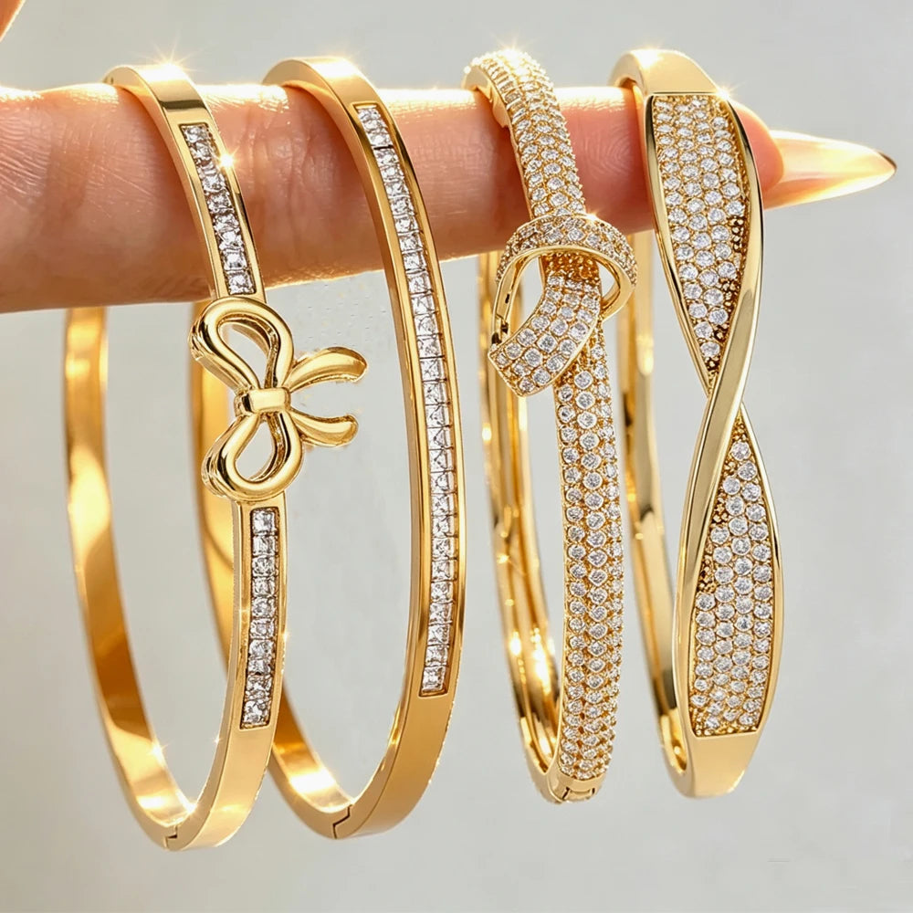 ZAKOL 4/1pcs Exquisite Bow Knot Design Charm Stackable Bracelet for Women Shining Zirconia Inlaid Bangles Jewelry Gift