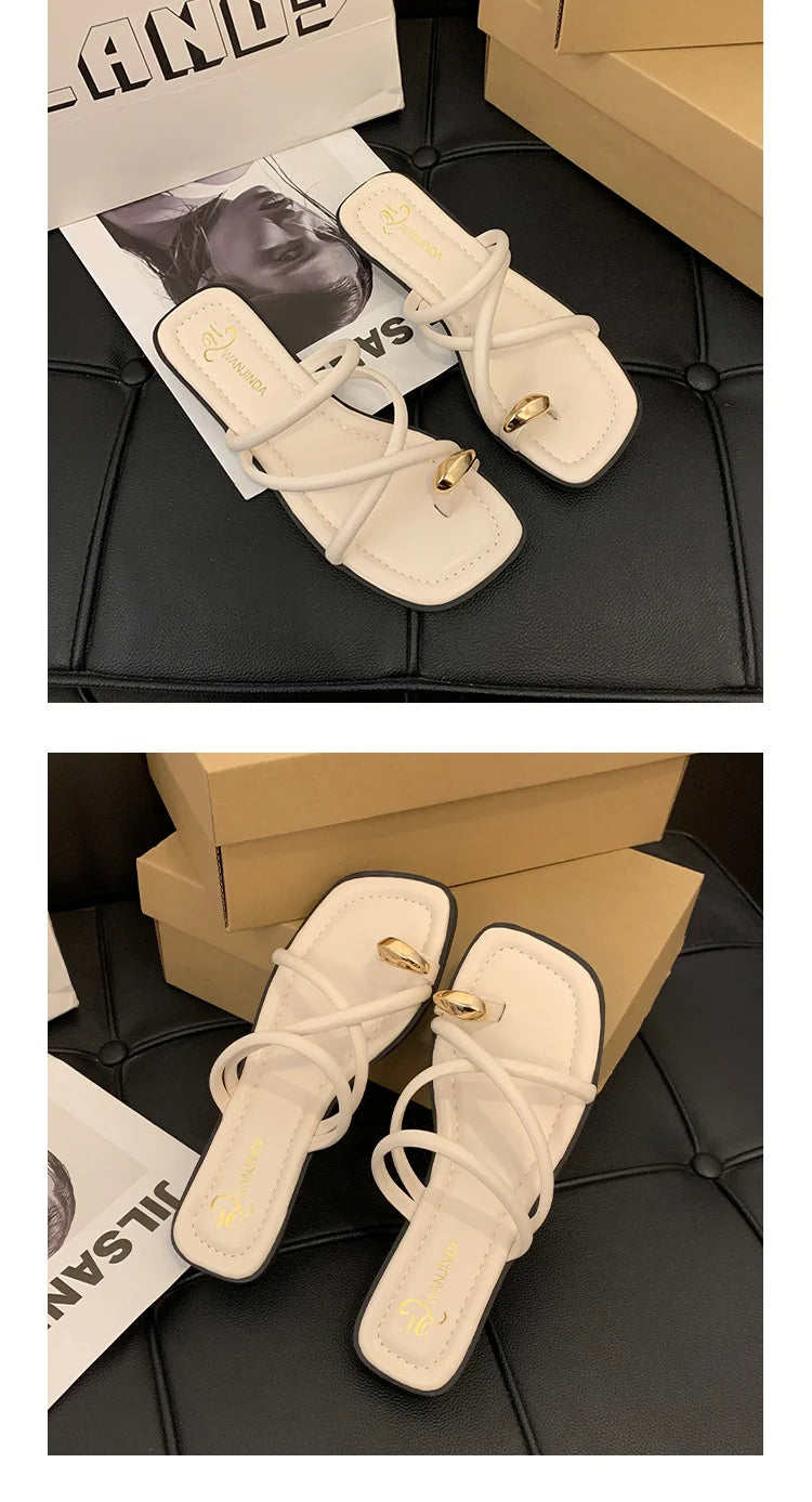 Women Summer Slippers Ladies Sandals Metal Decor Thong Flip Flop Low Heel Shoes Woman Outdoor Retro Brown Sandals Female