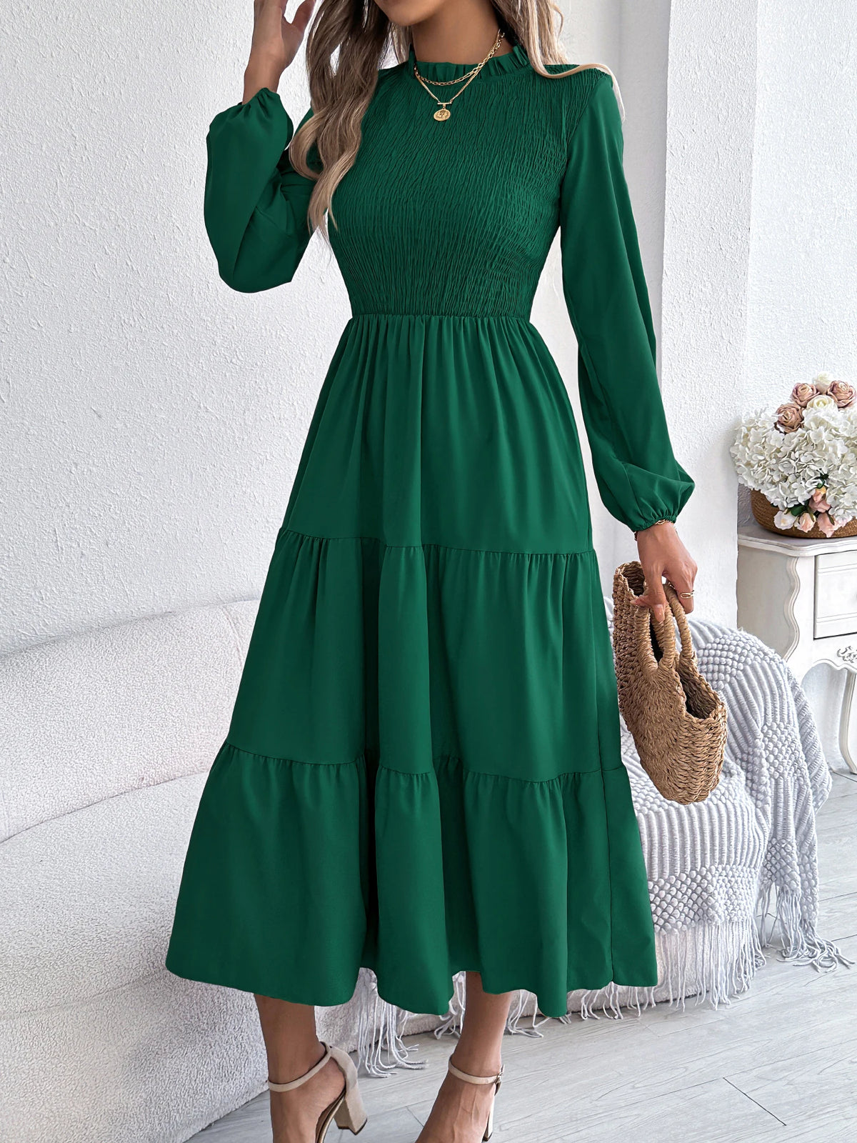Autumn Winter Elegant Dress for Women Solid Color Round Neck Lantern Long Sleeve Ruffled Dresses Khaki Green Red Woman Clothing