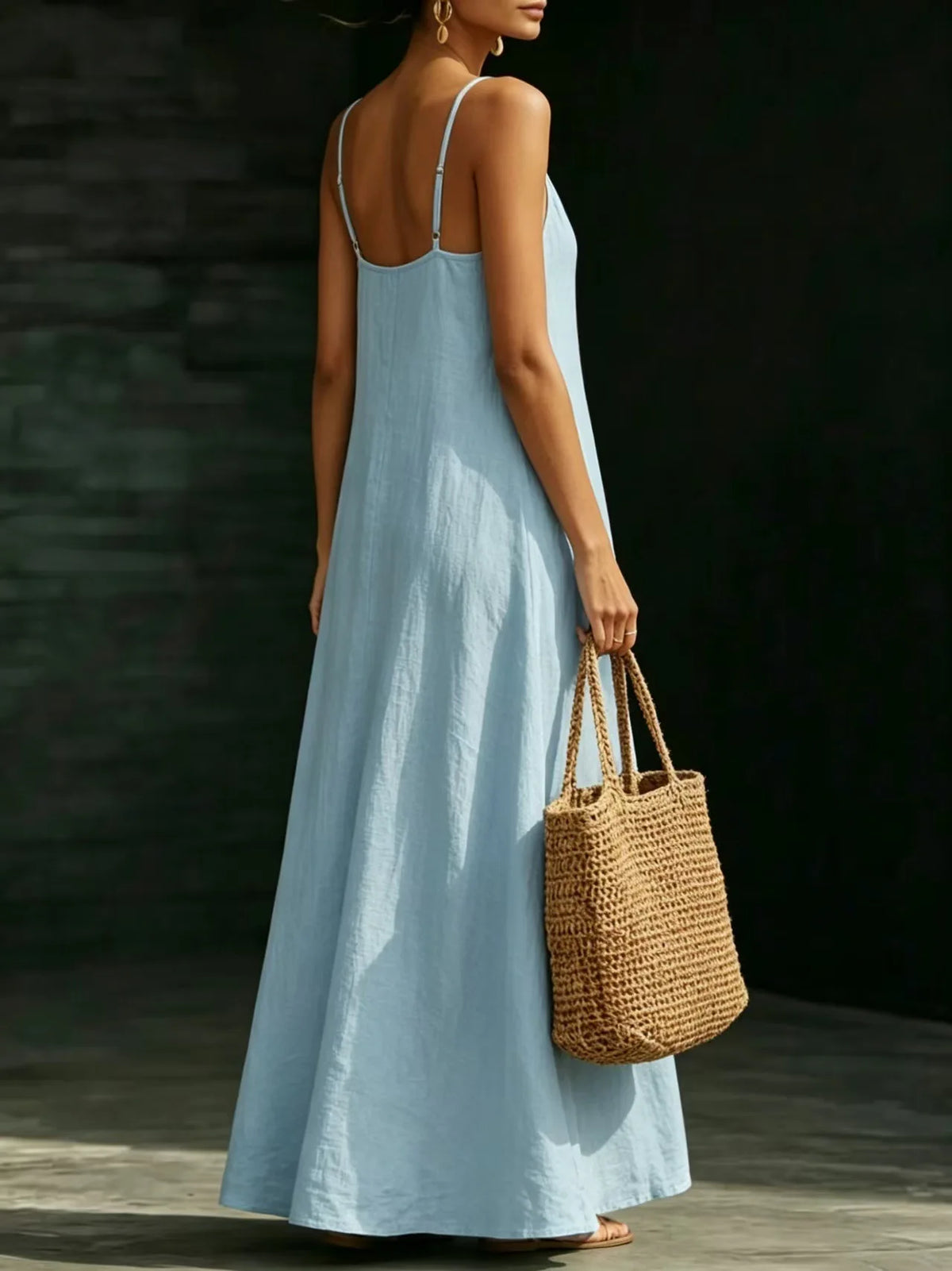 Women Linen Spaghetti Strap Maxi Dress V Neck Loose Swing Long Dress With Pockets Casual Summer Beach Vacation Sundress Ladies