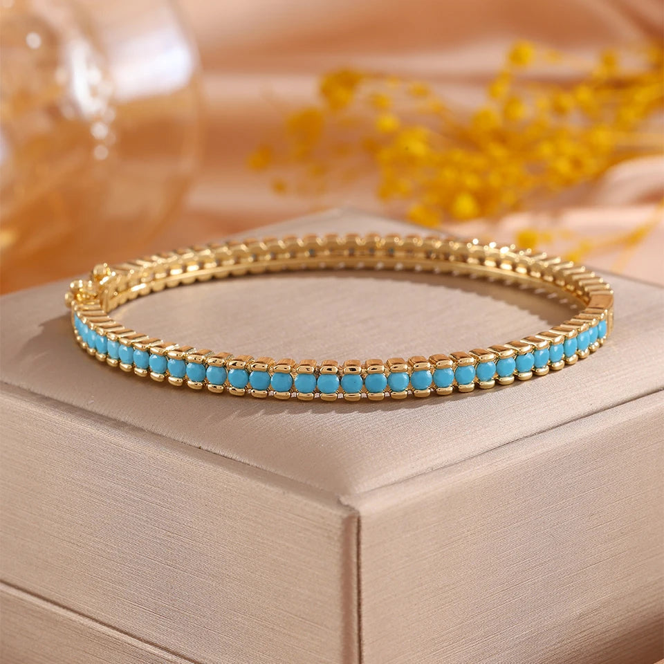 ZAKOL New Shiny Round Blue Turquoise Zirconia Tennis Bracelet for Women Gorgeous High-end Wedding Party Jewelry Gifts