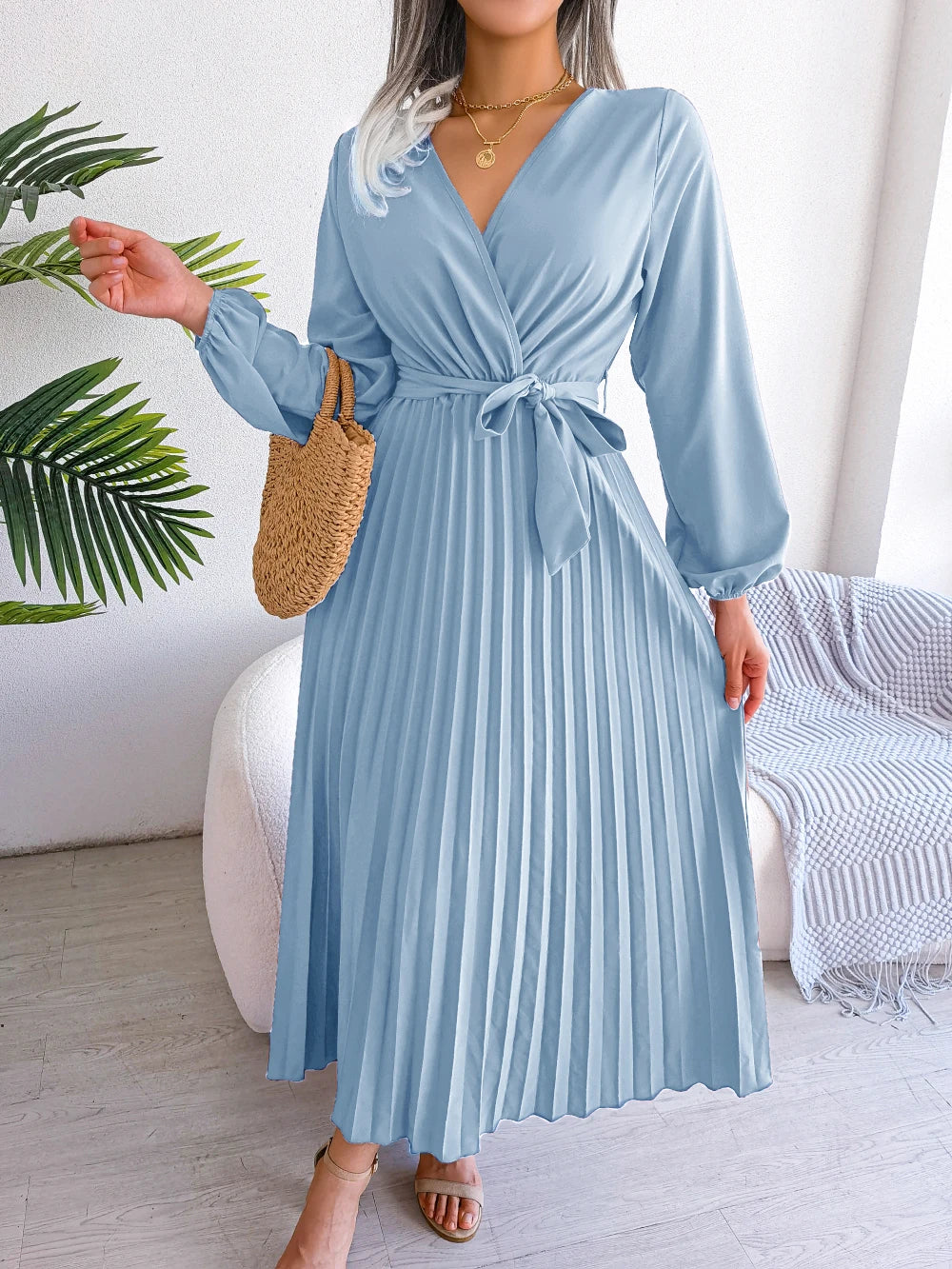 Women Elegant V Neck Long Sleeve Pleated Maxi Dress