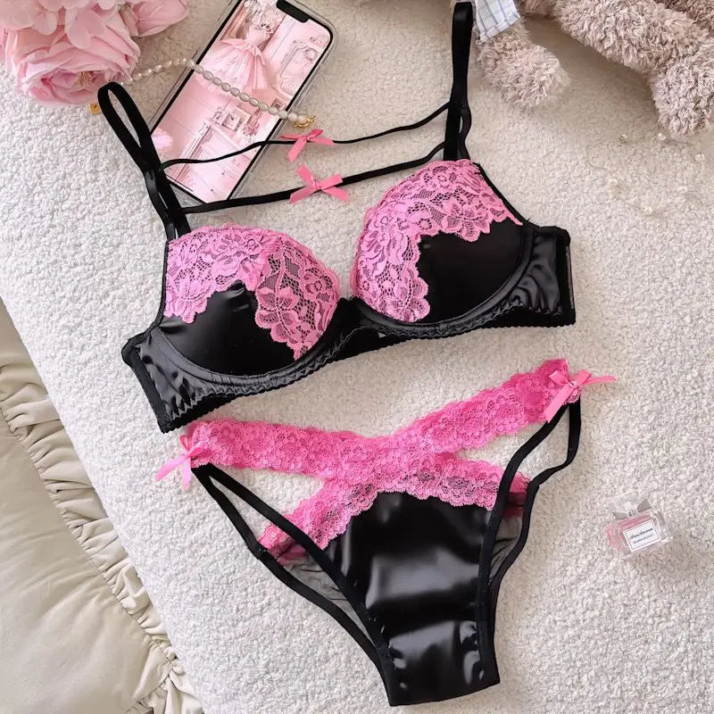 MOYISU Sweet Trap French Bow Bra Set - Wireless Push-Up for Petite Chest, Pure Seduction Lace Bralette with Elegant Ribbon Charm