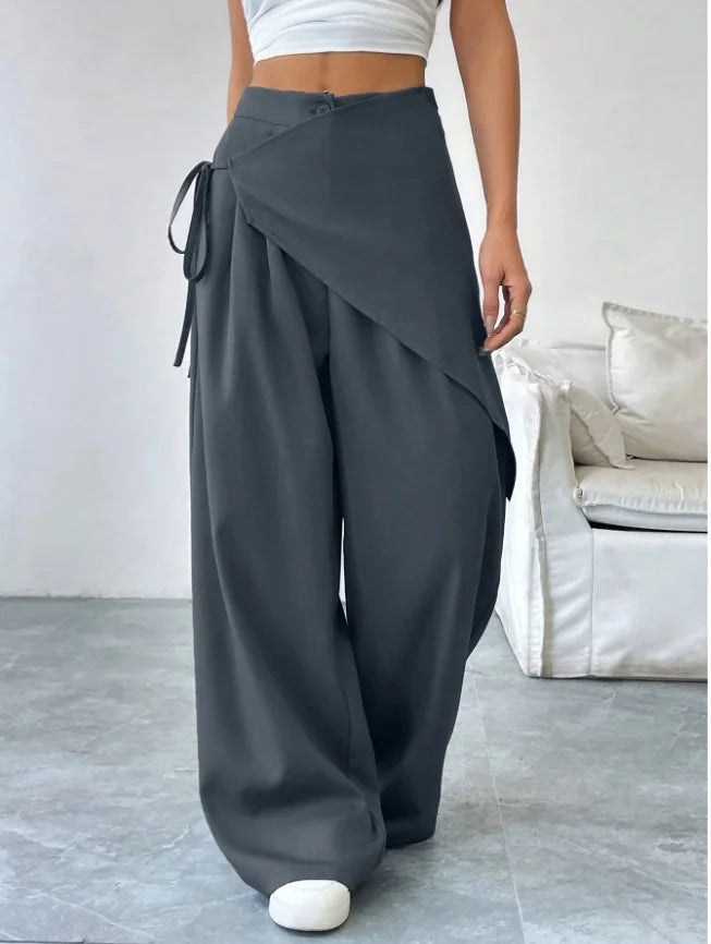 Elegant Irregular Suit Pants for Women High Waist Loose Wide Leg Pants Asymmetrical Lace Up Trousers Elastic Waist Casual Pants