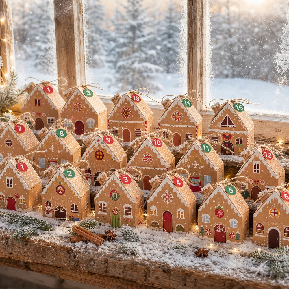 24 Days Christmas Advent Calendar Gingerbread House Boxes, Christmas Countdown Treat Boxes for Holiday Table Display 