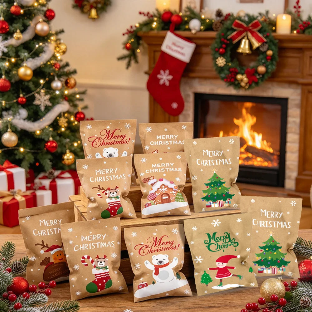 24Pcs Merry Christmas Cartoon Kraft Paper Goodie Bags, Vintage Xmas Candy Treat Bags with Snowflake Prints,Party Favor Packaging