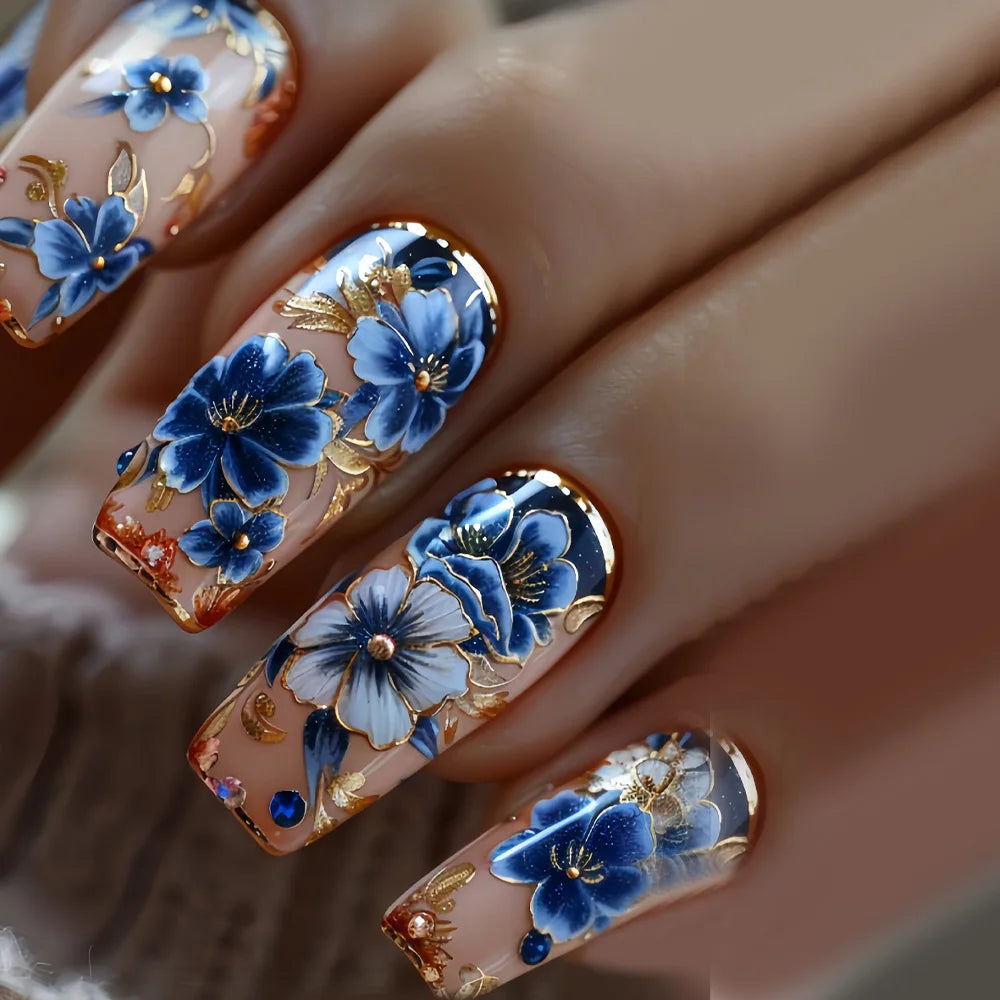 24pcs Press on Nails Fashion Blue French Tips with Flower Design Fake Nail Long Ballet Coffin False Nails Wearable Manicure Sets