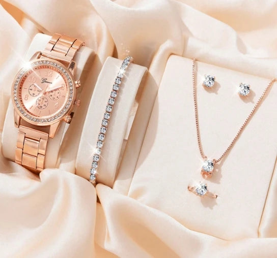 5PCS Quartz Watch Set Women Fashion Silver Round 3 Eyes Alloy Strap Wristwatch Gift Rhinestone Watch For Women Jewelry Set