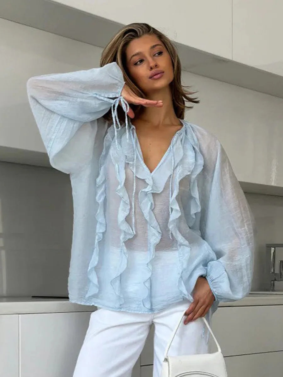 Elegant Ruffles V-Neck See-Through Patchwork Loose Blouses For Women Casual Solid Long Sleeve Female Summer Shirt Blouse Top