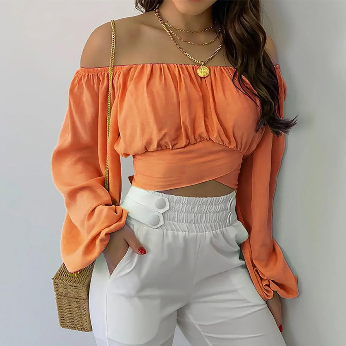 Women Elegant Boho Print Blouse Casual Long Lantern Sleeve Off Shoulder Slim Shirt Female Chic Cropped Top Summer Tunics
