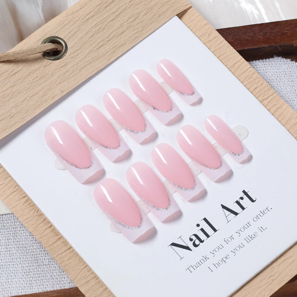 24Pcs Short Square Coffin French Glitter Press On Nails أظافر لاصقة فرنسية لامعة بشكل مربع – 24 قطعة
