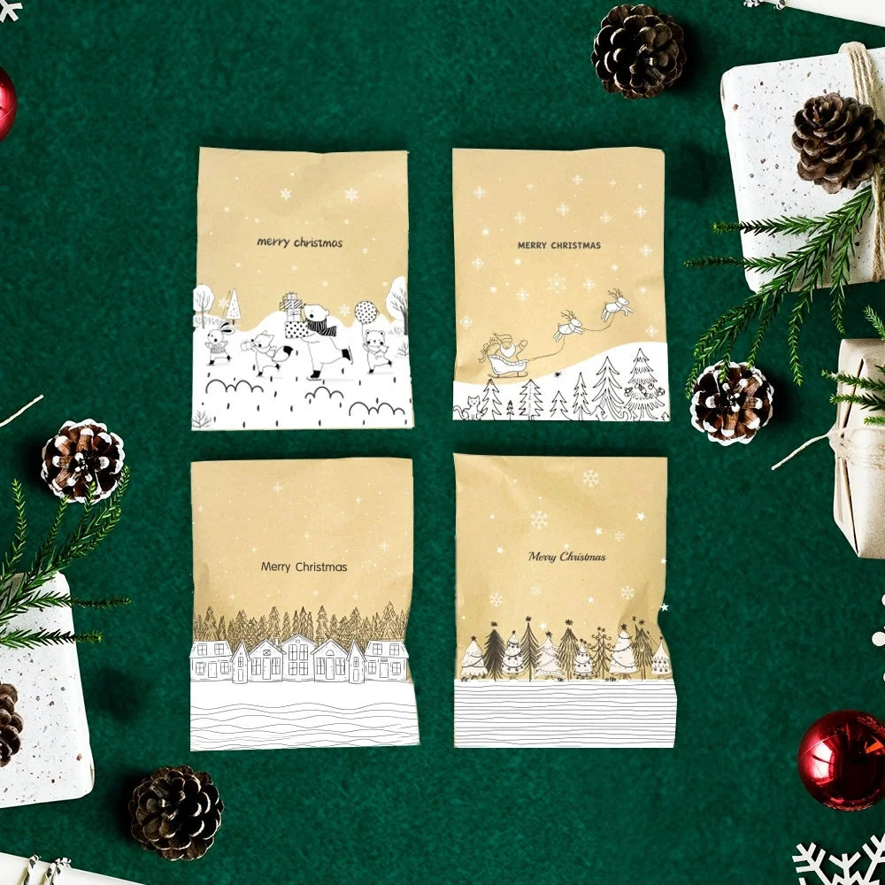 24 Sets Vintage Christmas Kraft Paper Bags Let it Snow Candy Treat Bag with Stickers Advent Calendar Xmas Party Favor Gift Pouch