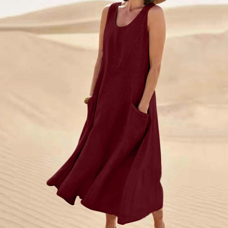 Women Casual Sleeveless A Line Dress with Pockets Vintage Hrajuku Loose Midi Length Maxi Dress Summer O Neck Cotton Linen Dress
