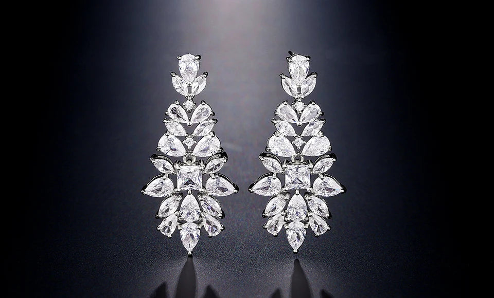 Fashion AAA Cubic Zirconia Chandelier Dangle Drop Earrings White Gold Color Crystal CZ Wedding Party Jewelry for Women