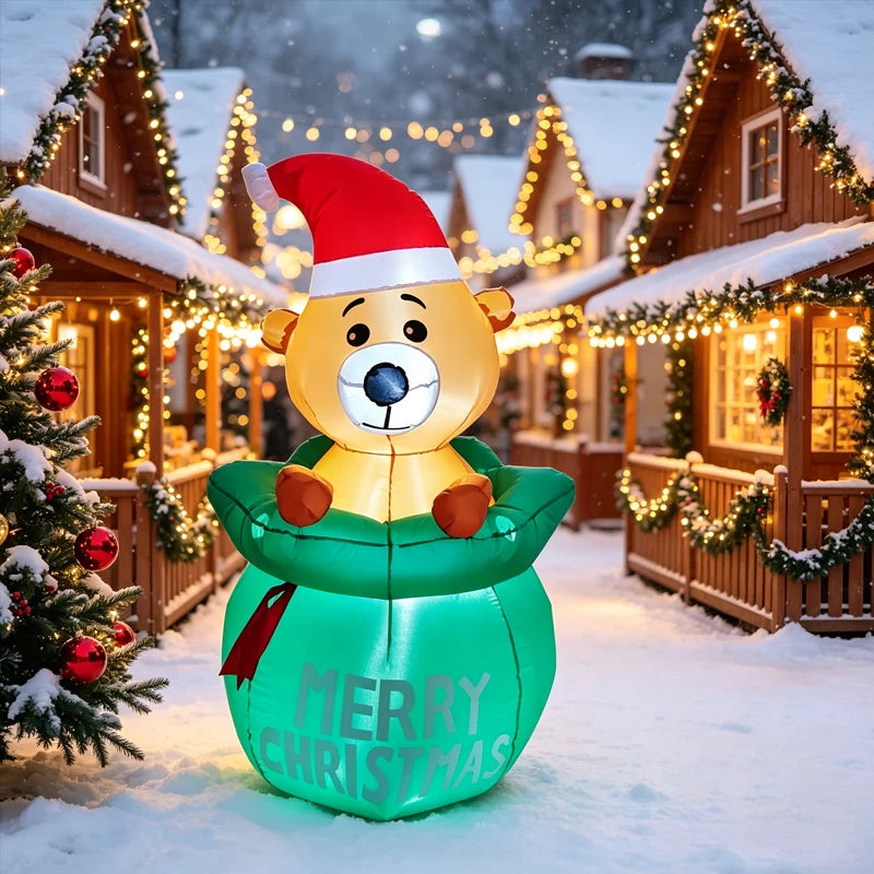 Cute Christmas Airblown Bear Statue, Inflatable Bear Gift Sack Ornament for Living Room, Xmas Party Indoor Display