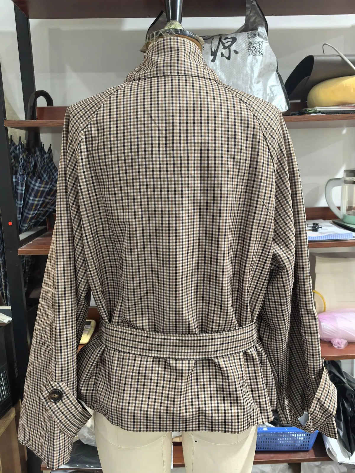 Vintage Plaid Cropped Trench Jacket Women Casual Lapel Lace-up Double Breasted Belted Loose Coats Lady Autumn WInter Streetwear
