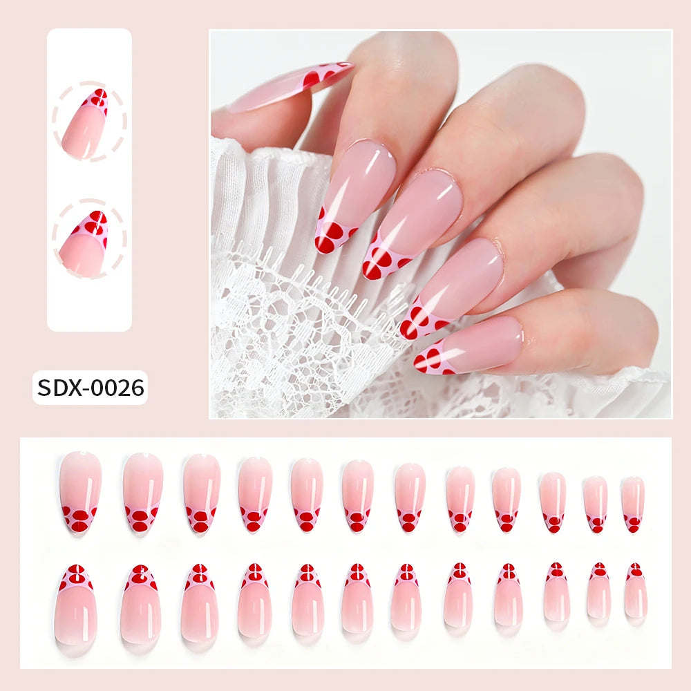 24Pcs Gradient Almond French False Nails Spring Flower Design Full Cover Fake Nails Extension Wearable Press on Nails for Women