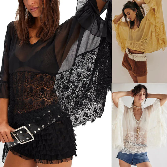 BKLD New Spring And Summer Mesh Tops Cover-Ups Women Clothing Batwing Sleeve Loose Beach Wear Party Fashion Patchwork Lace Tops