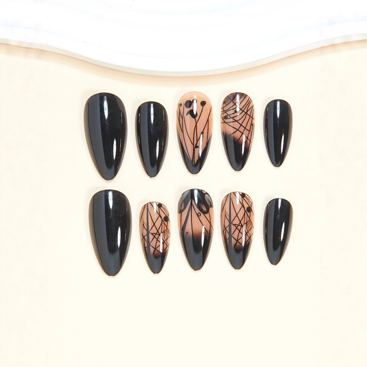 Medium fake nails for women girls gradient nude black flowers strips design Almond square shape full cover press on false nail