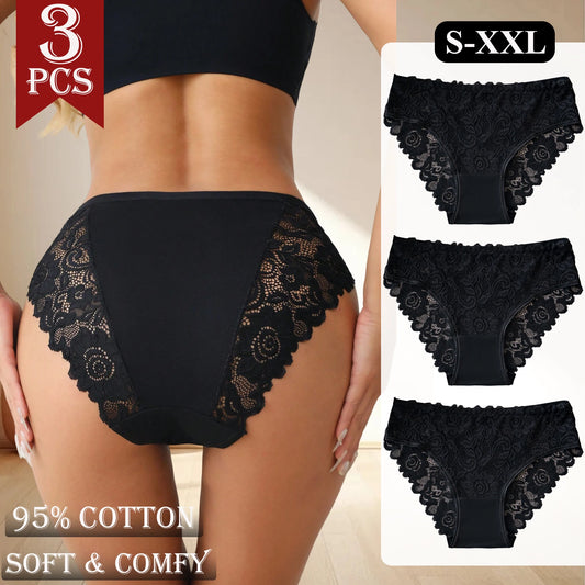 3PCS Black Lace Floral Trimmed Panties for Women Daily Casual Underwear Solid Color Mid-Rise Breathable Sexy Briefs Lingerie Hot