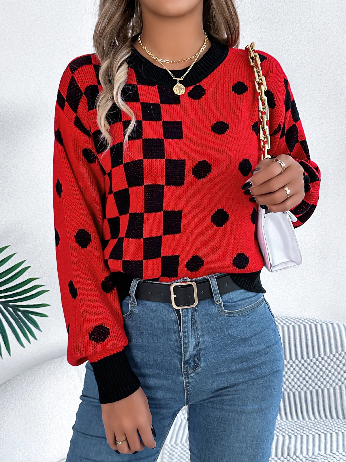  Autumn Winter Casual Contrasting Grid Dot Long Sleeve Knitted Pullover Fashion New Year and Christmas Sweater Women Clothes