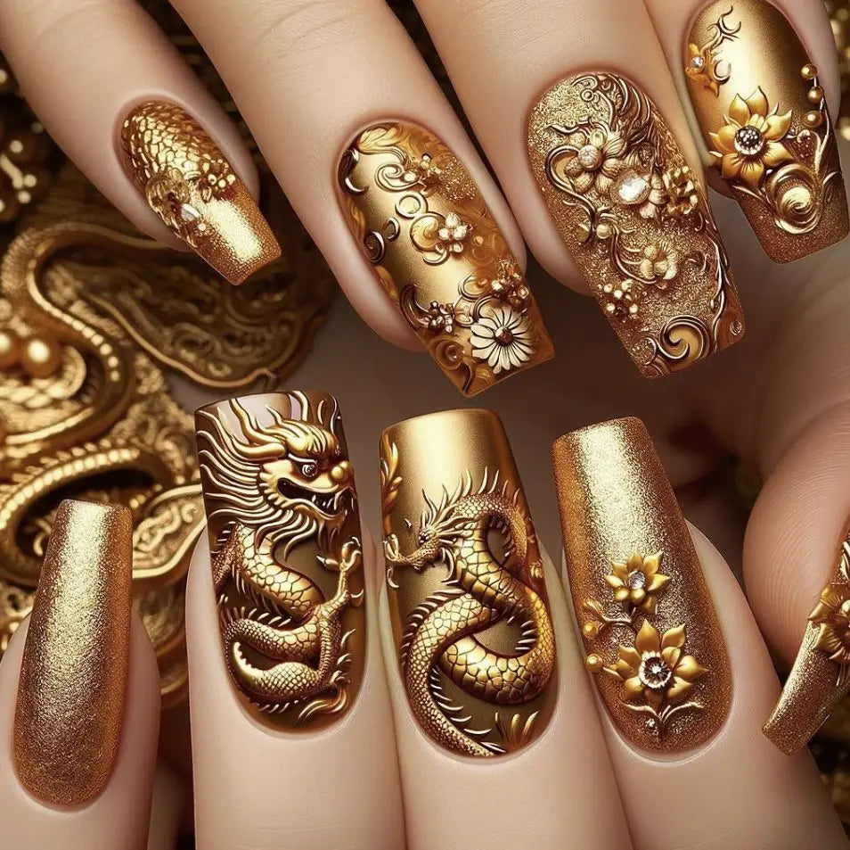 24pcs/set Medium long fake nails yellow dragon flowers feather design for Spring summer Square almond tips press on false nail