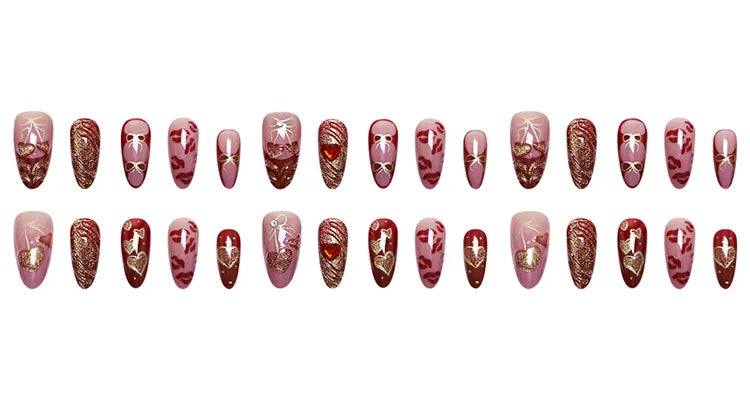 24Pcs Wine Red Almond Bow Heart Designs Press on Nails Glitter Cat Eye Diamond Nail Patch Wearable Elegant Full Cover Nail Tips