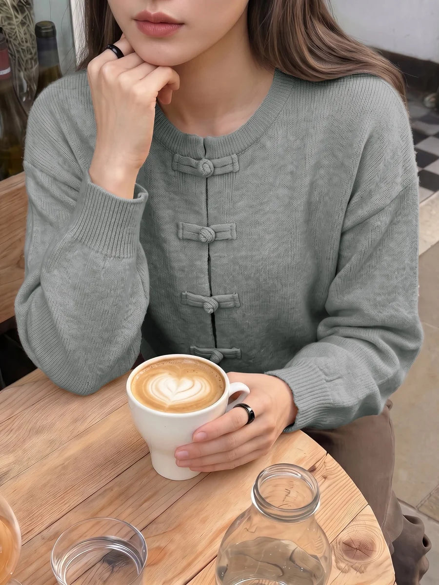 Women Vintage Knitted Sweater Causal Long Sleeve O-Neck Soft Warm Chinese Style Buckle Cardigan Female Autumn Winter Outerwear