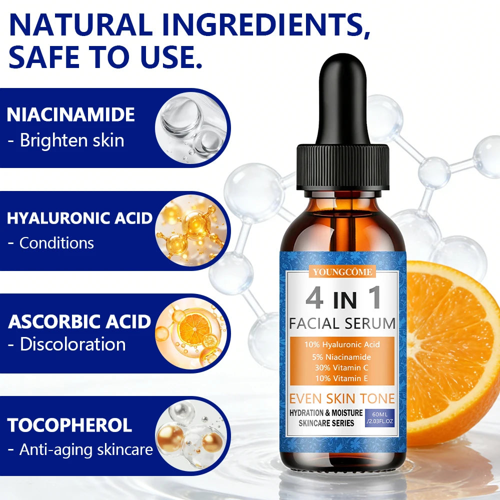 Facial Serum 4-in-1 Hydrating Skin Care with Vitamin C, Hyaluronic Acid,Niacinamide&Vitamin E-Daily Moisturizing Serum for Even