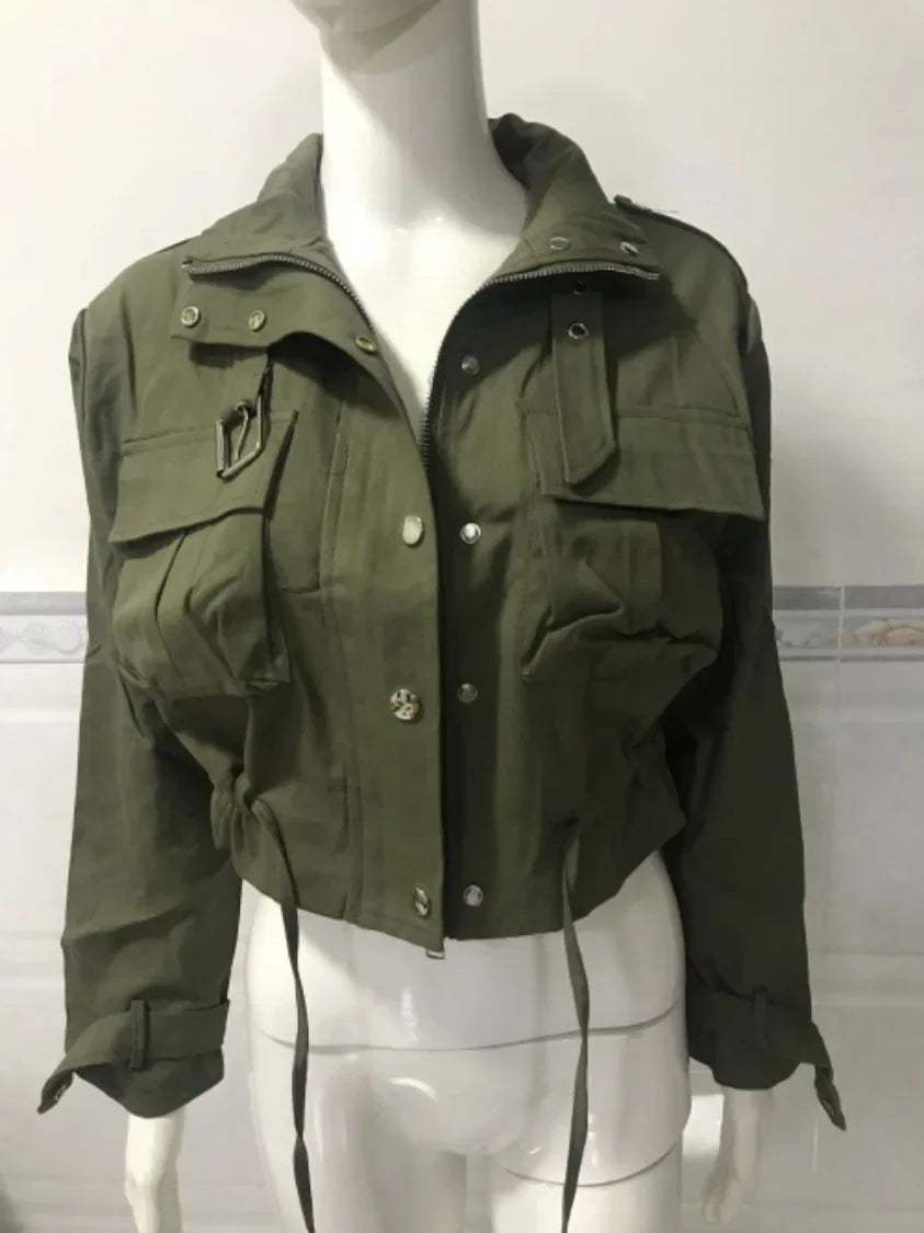 Women Cropped Cargo Jacket Stand Collar Zip Button Long Sleeve Coat Multi Pocket Drawstring Streetwear Casual Short Outerwear