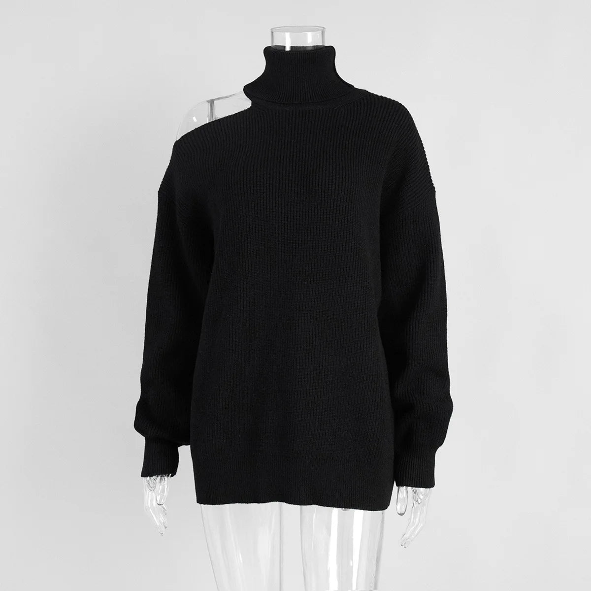 Women New Turtleneck Cutout Shoulder Pullover Long Sleeve Ribbed Knit Trendy Loose Fit Sweater Autumn Winter Fashion Streetwear