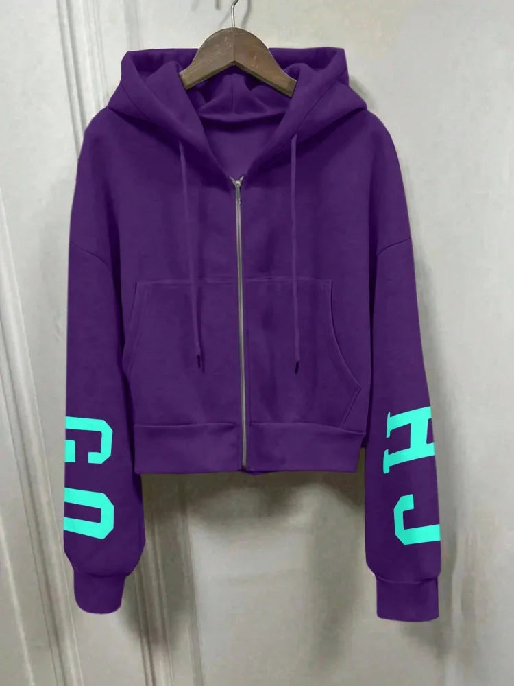 Women Y2K Crop Zip Up Hoodie Letter Print Oversized Long Sleeve Hooded Sweatshirt Casual Streetwear Short Jacket Outerwear