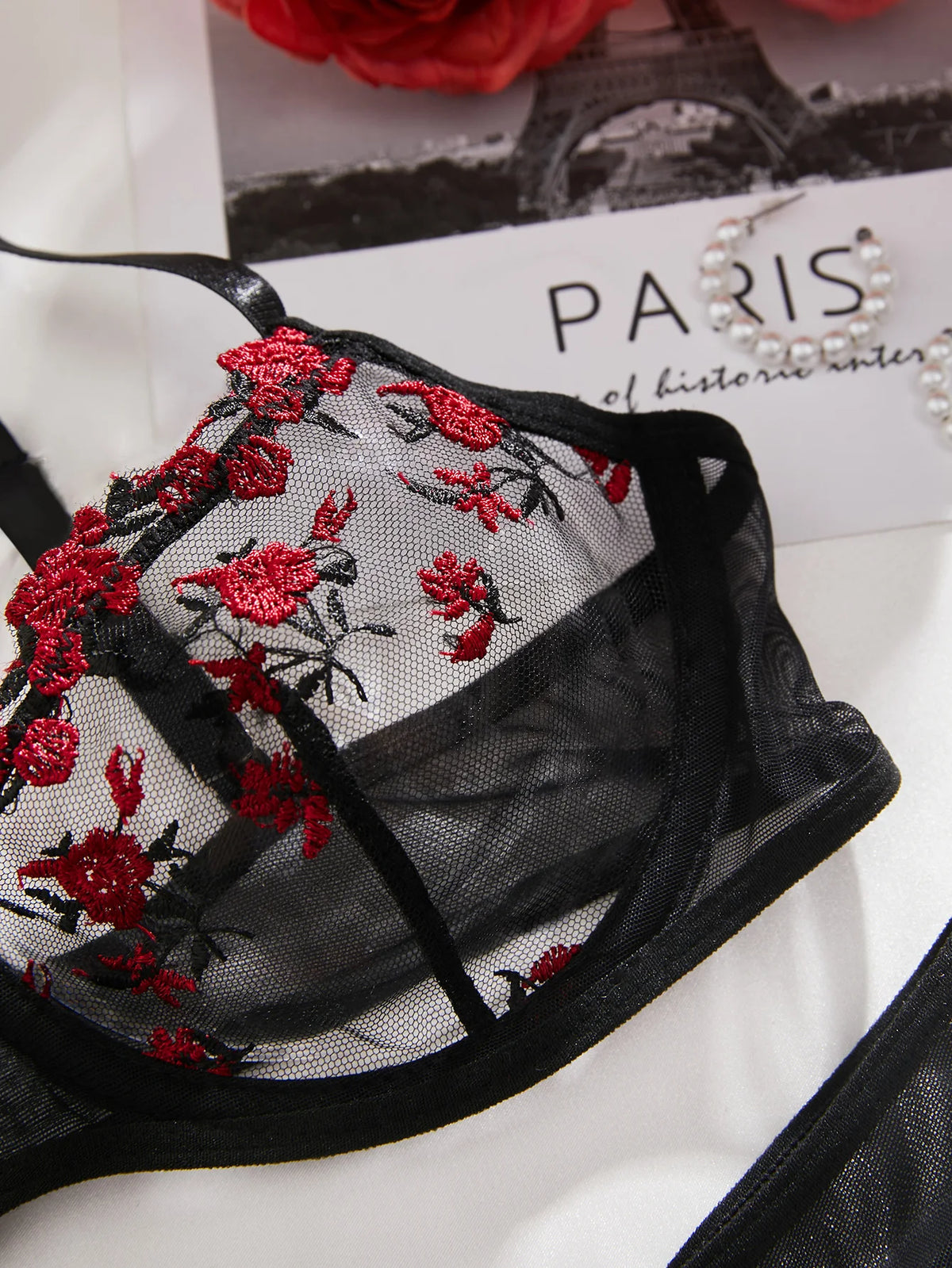 Black And Red Floral Embroidery Bra Set Women's Half Cup Underwear Thin Breathable Thong 2-Piece Set Valentine's Day Gift
