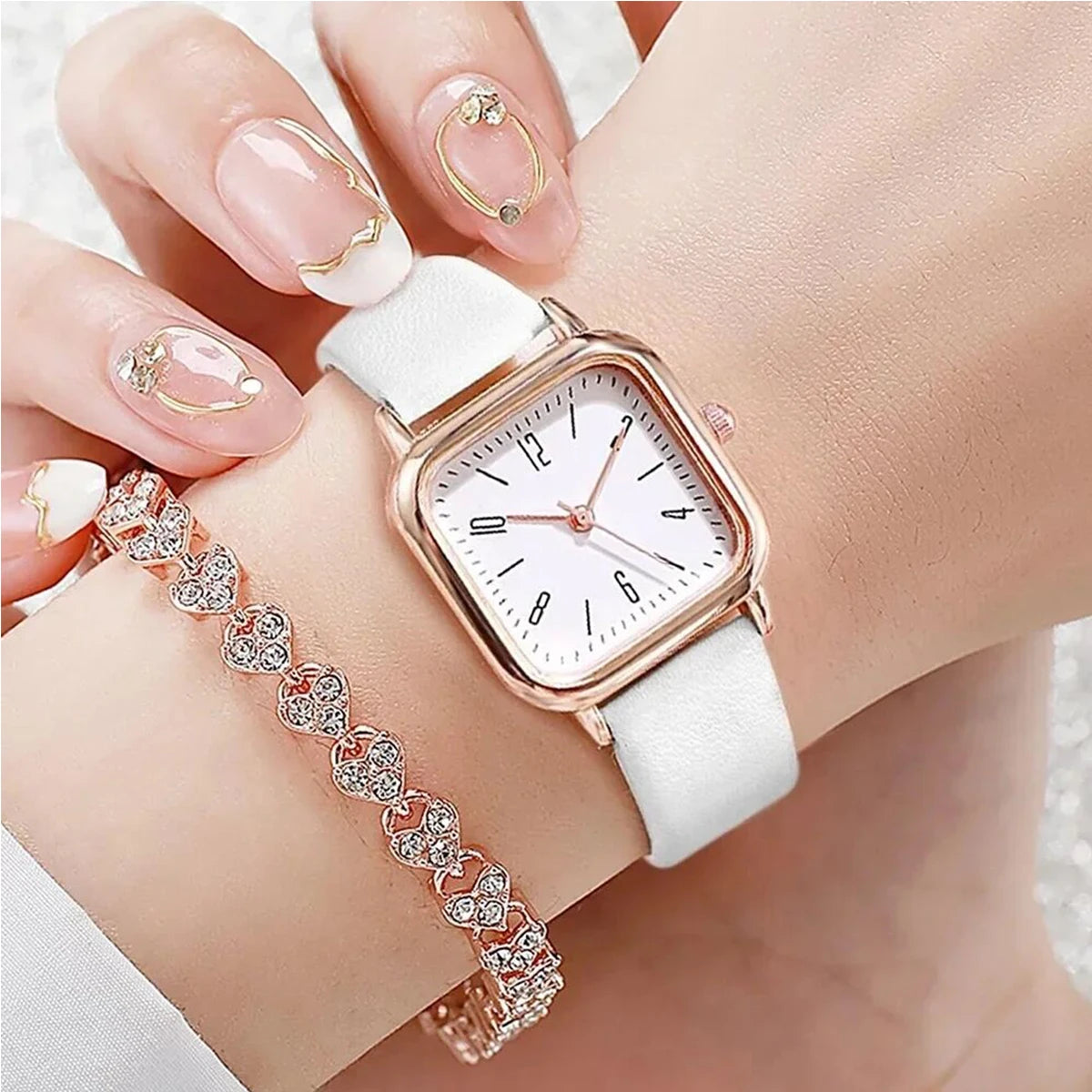 2PCS/Set Fashion Square Women Watches Casual Leather Strap Quartz Watch Rhinestone Bracelet Set