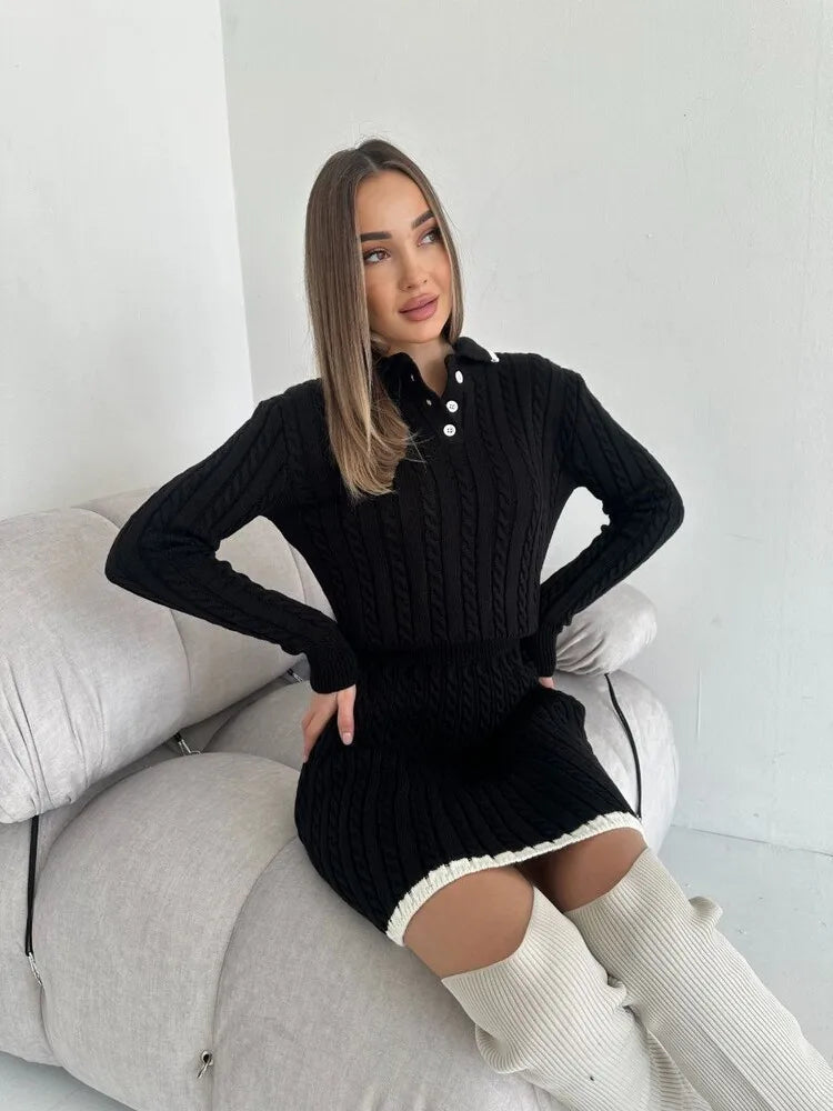 BKLD 2026 New Casual Skirt Sets Long Sleeve Tops Knitted Button Sweater And Mini Skirts Two Piece Sets Clothes For Women