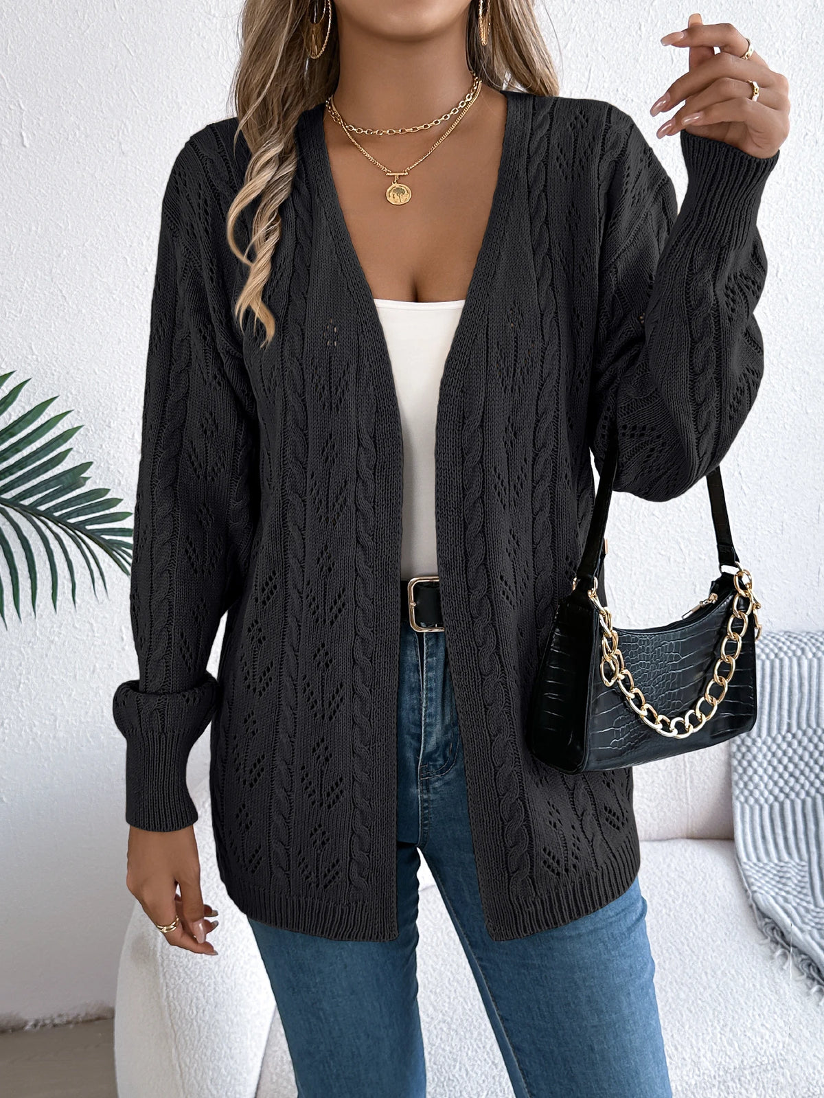Women's Solid Color Hollow Out Knitted Cardigan Sweaters 2026 Autumn Winter Casual Lantern Long Sleeve Coats White Black Khaki