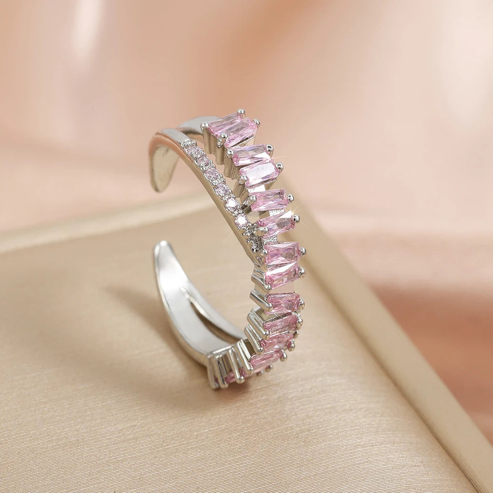 Luxury Zircon Shiny Chic Resizable Double Student Opening Rings for Woman Silver Color Gothic Finger Jewelry Wedding Party