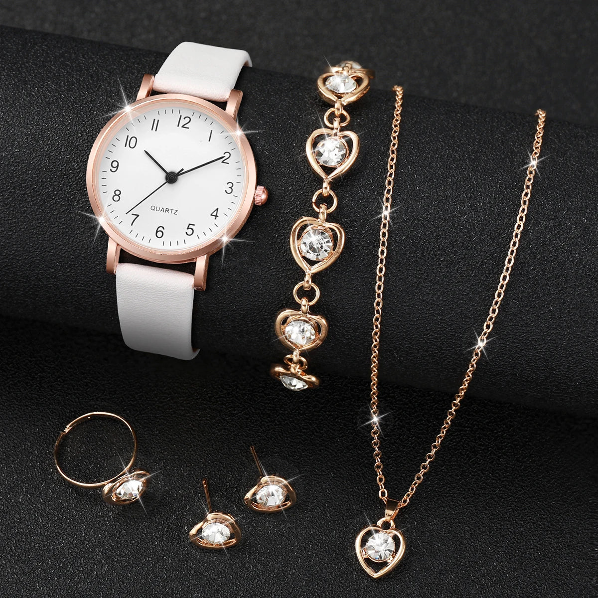 5/6PCS Fashion Women's Quartz Watch Leather Band Analog Quartz Watches with Diamond Jewelry (Without Box)
