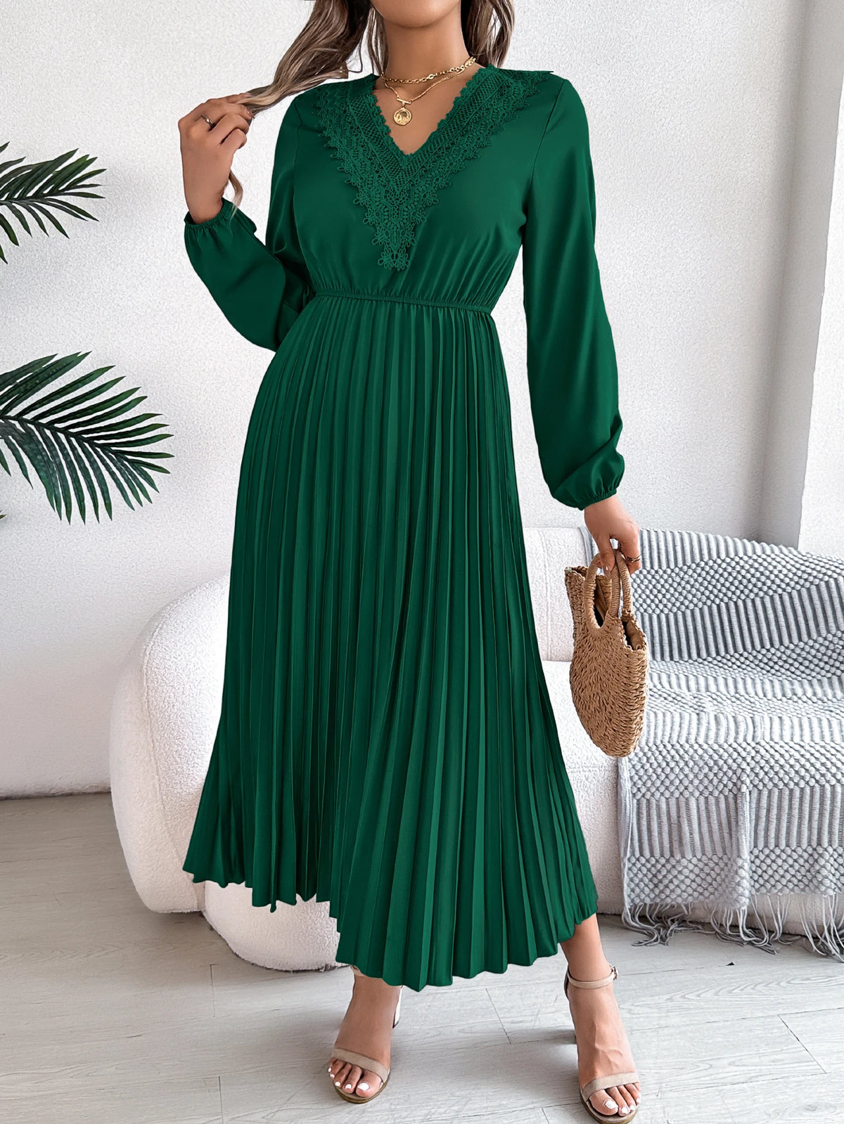 2026 Fashion Lace V Neck Lantern Long Sleeve Maxi Dress for Women Autumn Winter Casual Solid Color Pleated Dresses Khaki Red