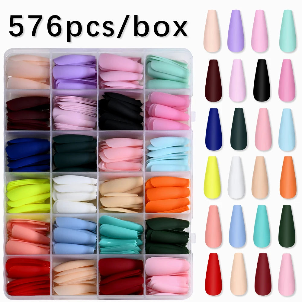 576pcs/box Frosted Colorful Long Coffin Fake Nails Acrylic Square Full Cover False Nails for Women DIY Press On Nails Extension