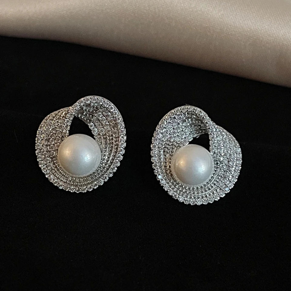 ZAKOL Luxury AAA Zircon Round Pearl Earrings for Women Irregular Stud Earring Temperament Wedding Party Jewelry