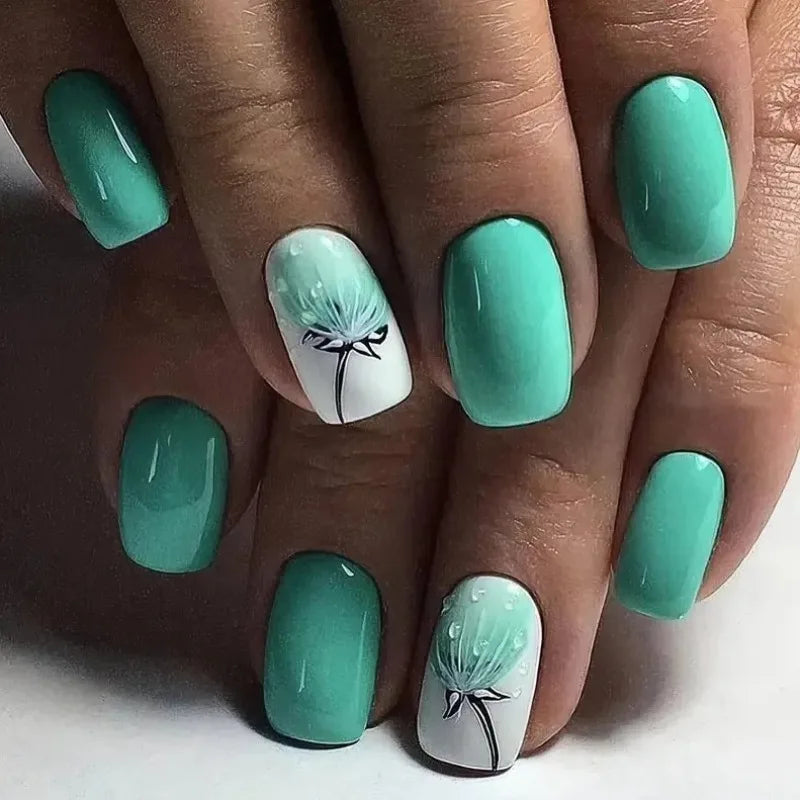 24pcs Fake Nail Green Dandelion Self-adhesive False Nails Finger Nails  for Gluing Nail Tips Nail Art Summer Press on Nails 2025