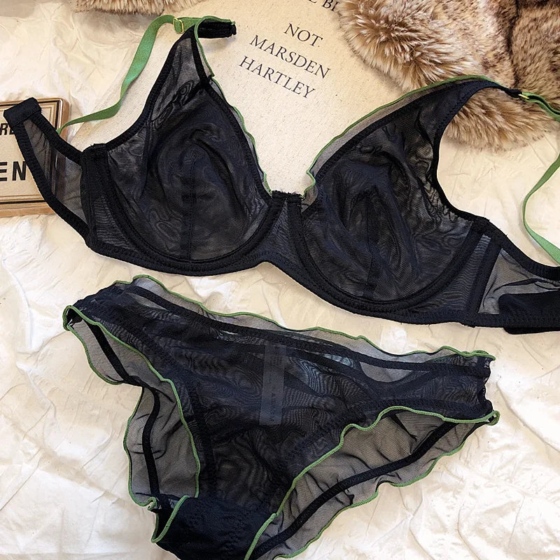 Minimizer Bra Plus Size Underwire French Style Triangle Cup Push Up Mesh Sensual Lingerie Set Support 32-40 MOYISU Bra Set S-2XL