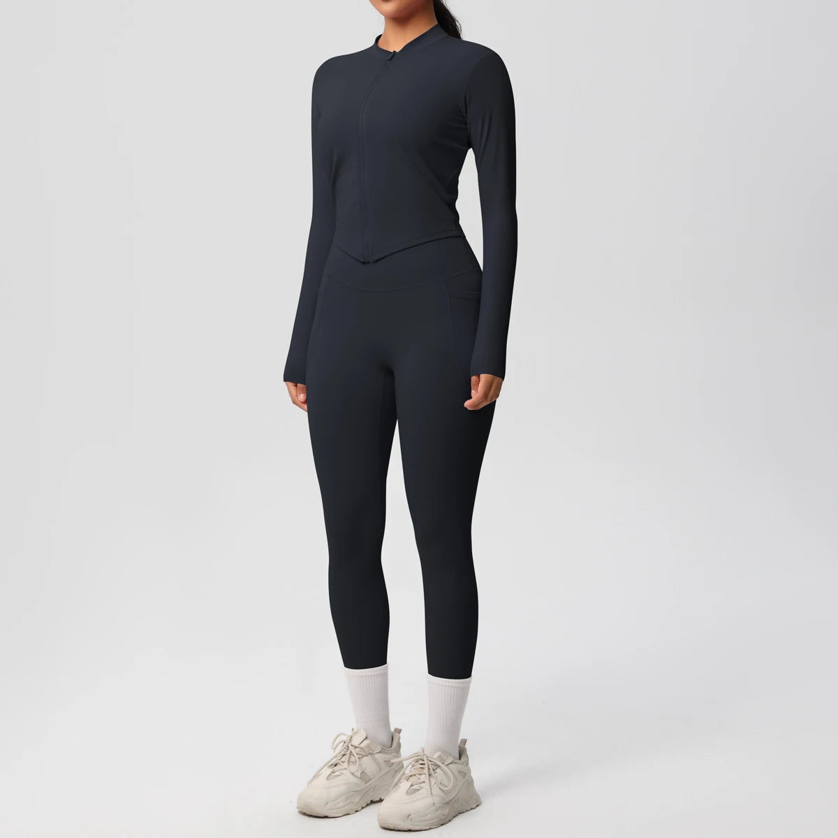 2PCS Yoga Suit Women Gym Set Leggings With Pocketed Women Tracksuit Running Zipper Workout Sportswear Long Sleeve Sports Shirt