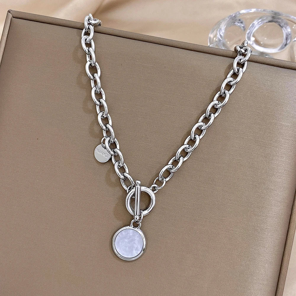 Flashbuy Trendy White Round Pendant Necklace for Women Girls Statement Silver Color Thick Chain Necklace Fashion Jewelry