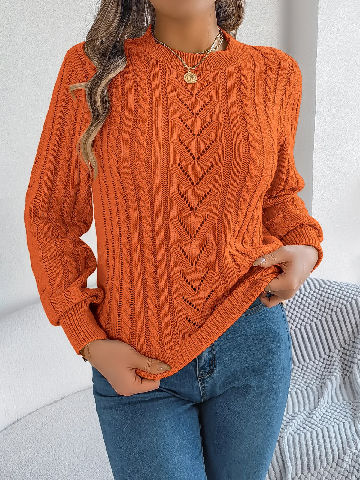 Autumn and Winter Casual Solid Color O-Neck Hollow Out Long Sleeved Pullover Sweater