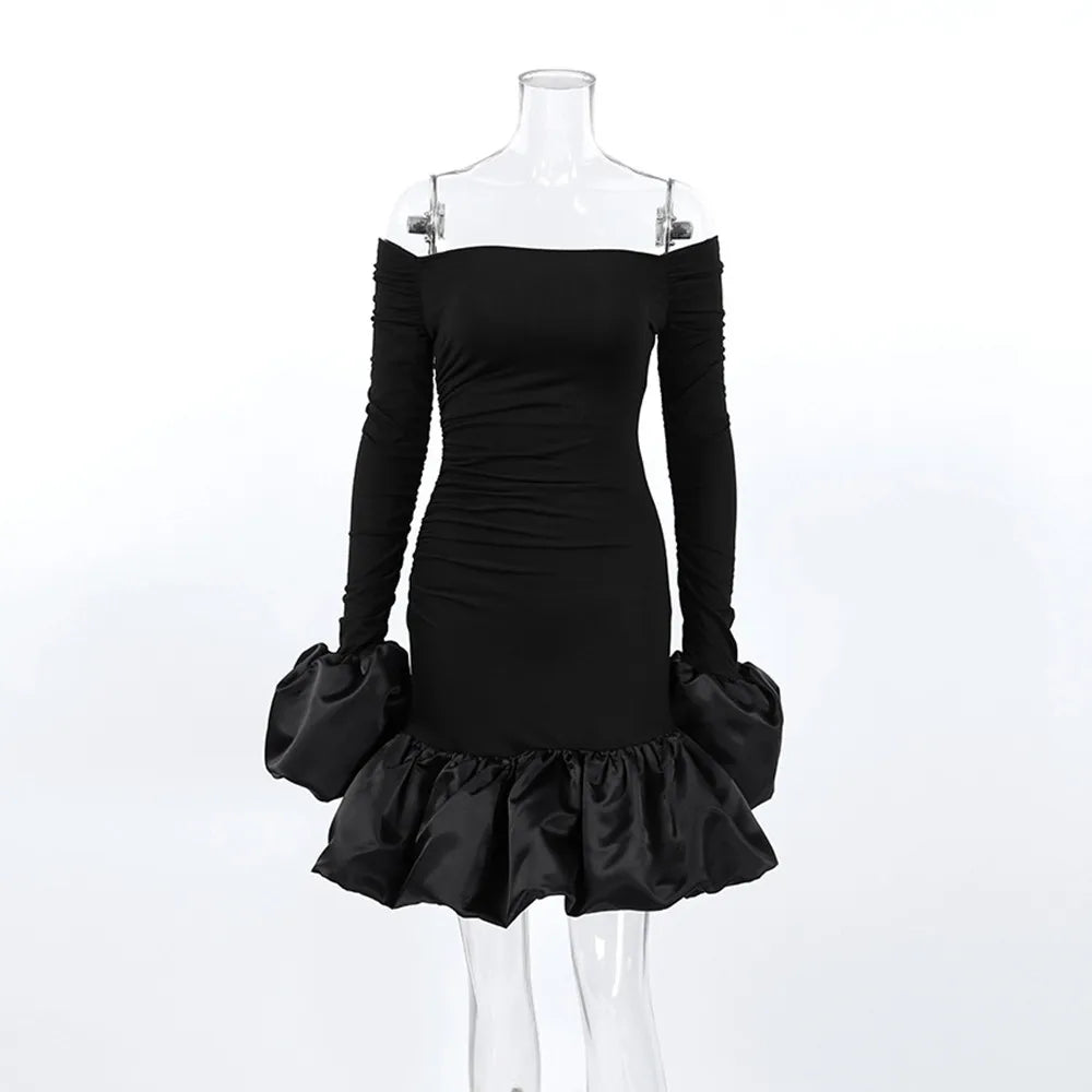 BKLD New 2026 Spring Elegant Black Dress Sexy Backless Slim Fit Long Sleeve Off The Shoulder Dress Party Clothes For Women