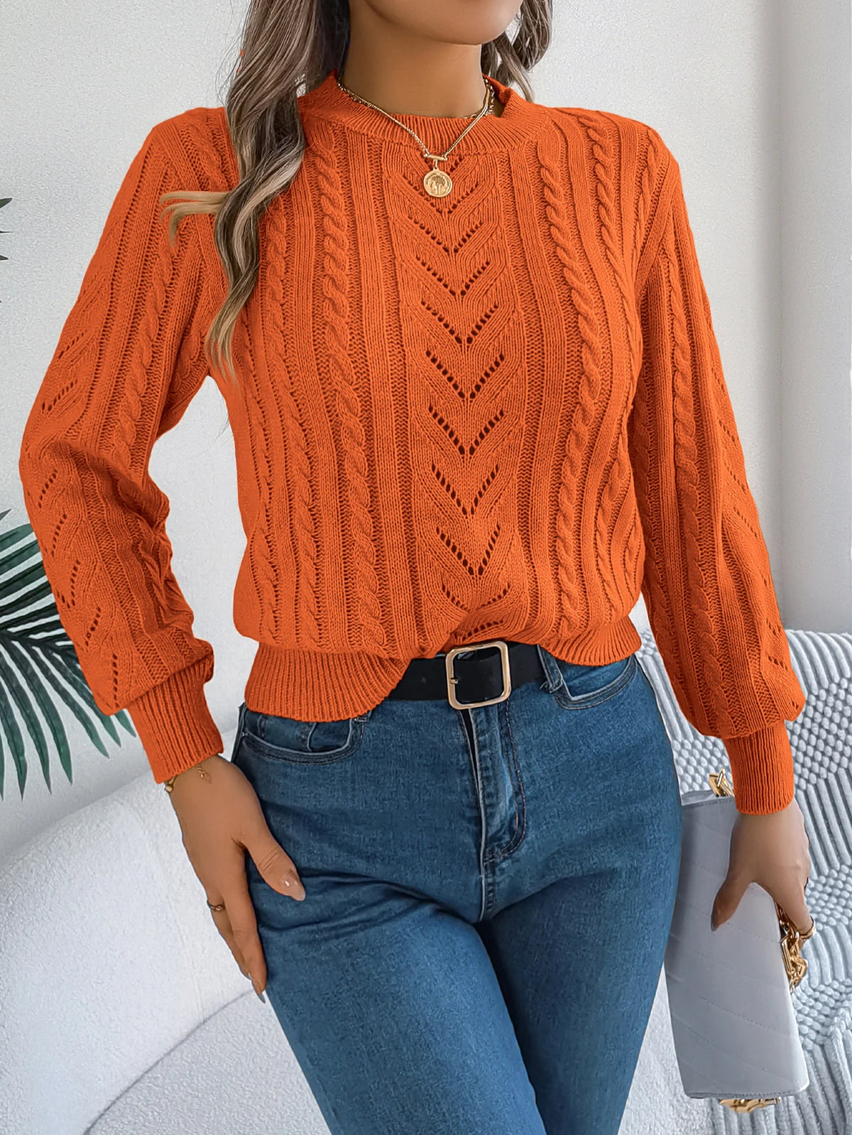 Autumn and Winter Casual Solid Color O-Neck Hollow Out Long Sleeved Pullover Sweater